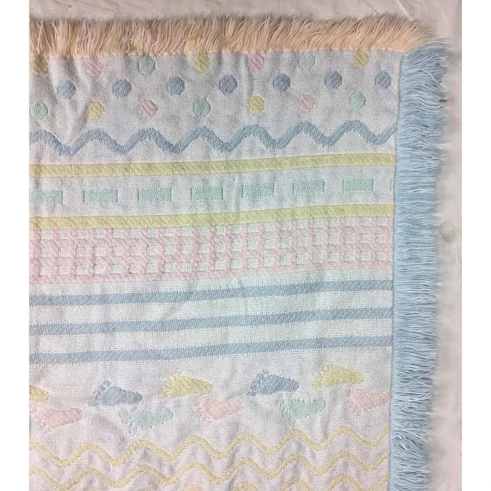Vintage Pastel Woven Baby Throw Blanket Fringe Dots Foot Prints Feet Unisex
